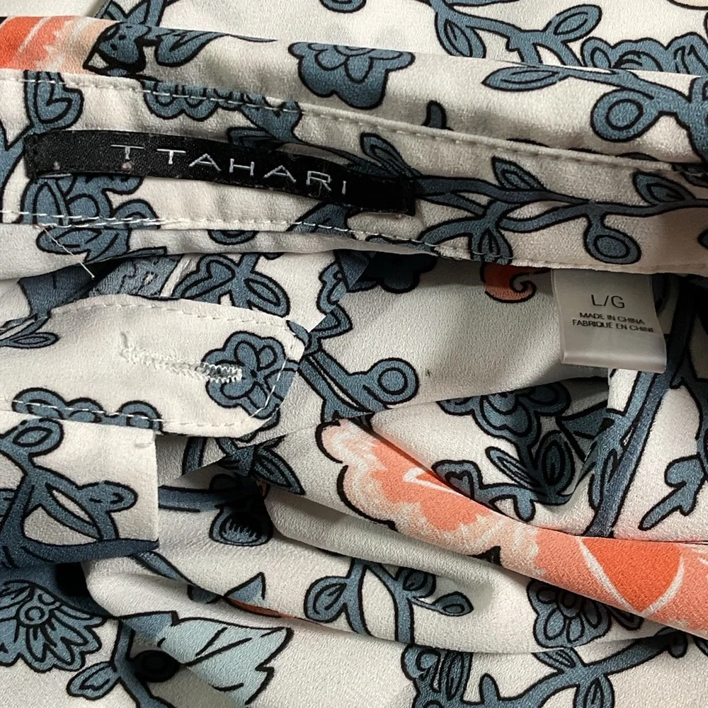 Tahari White Button-Down Blouse with Coral & Slate Floral Print SZ - L - Picture 4 of 6